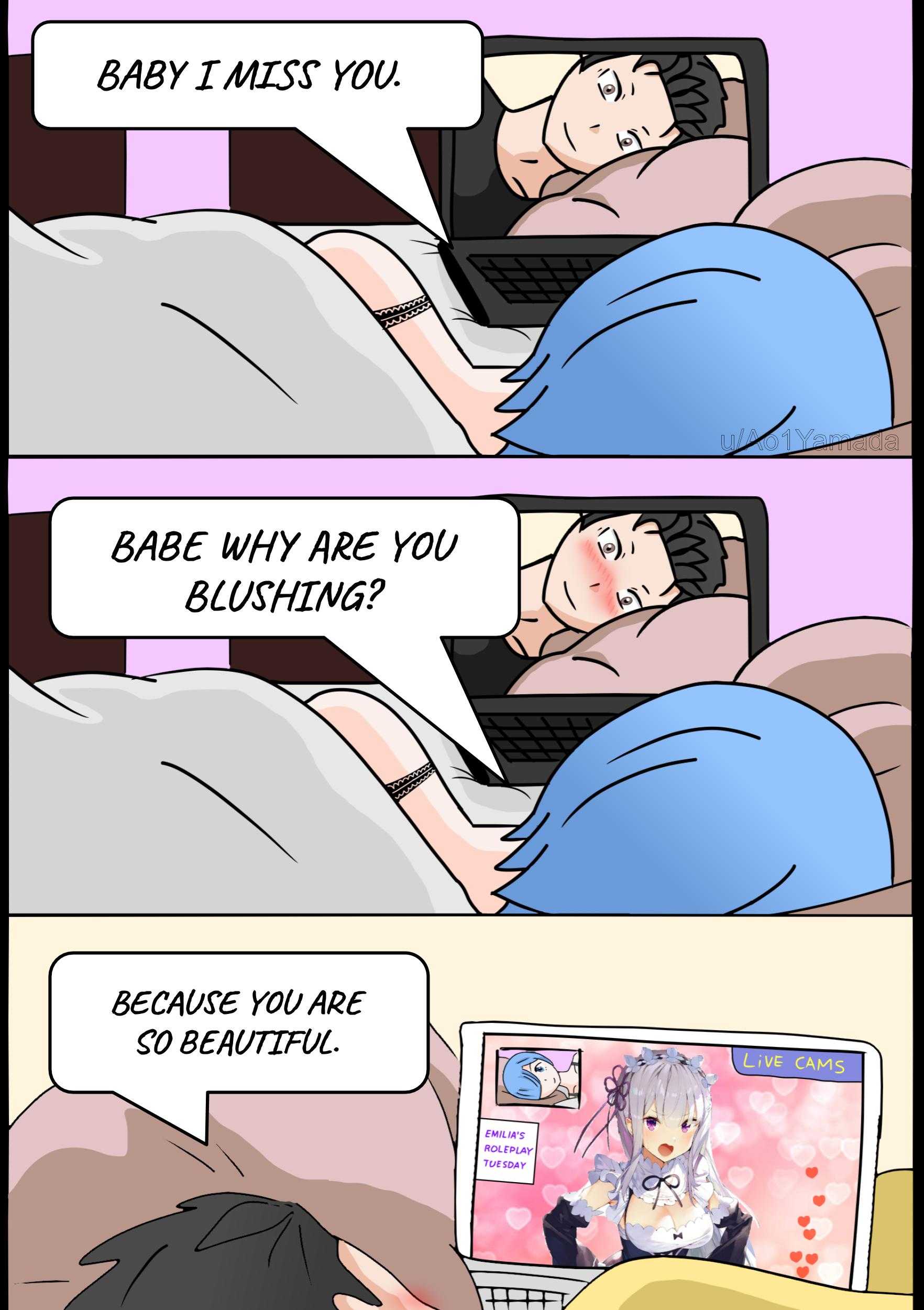 cartoon of a man and woman laying in bed with a laptop