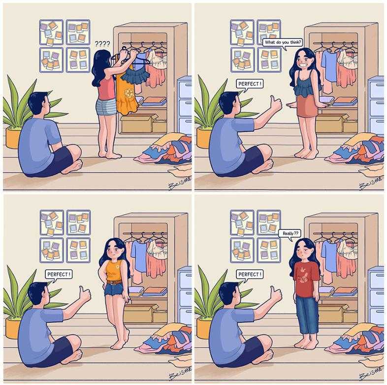 a cartoon of a woman is talking to a man in a closet