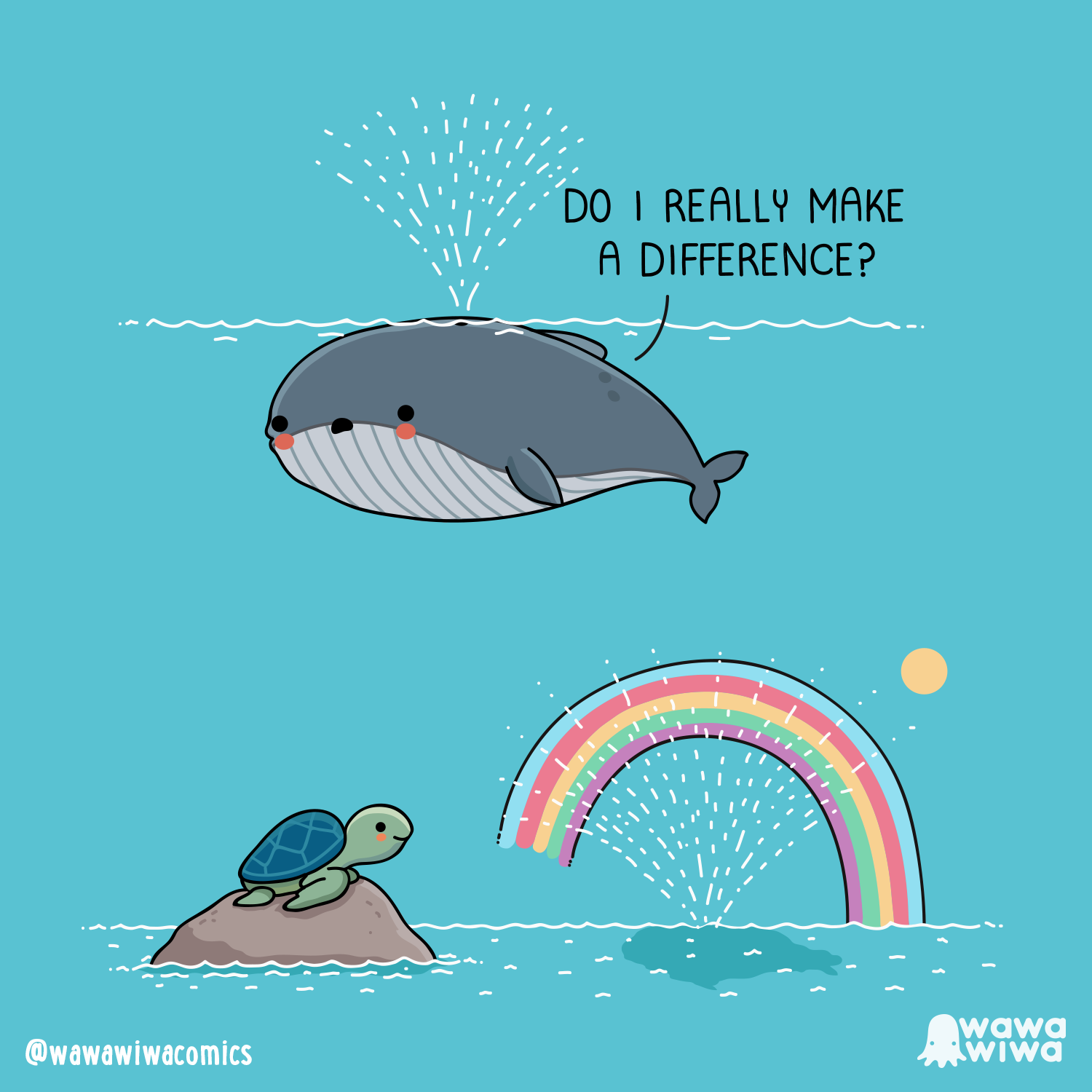 there is a whale and a turtle in the water with a rainbow