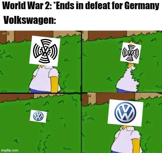 cartoon of a man holding a sign that says world war 2 ends in defeat for germany volkswagen