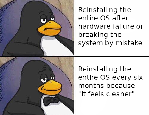 a cartoon penguin with a caption saying, reinstaling the entire os after hardware failure