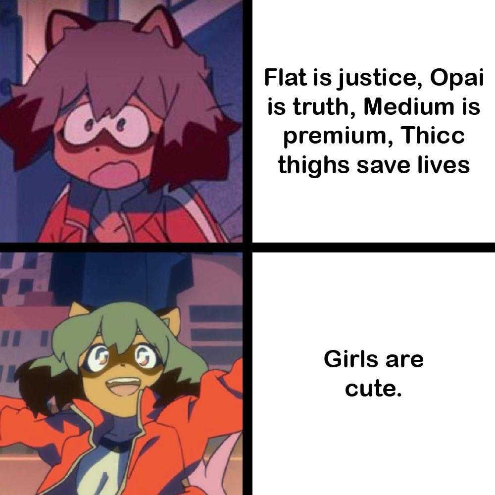 a cartoon picture of a girl with a cat face and a caption that reads flat justice opi is