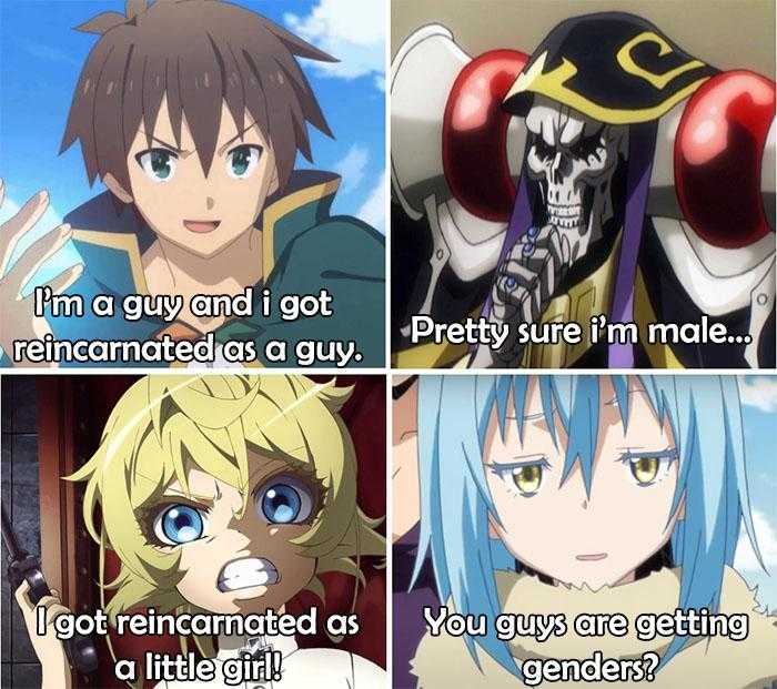 a close up of four different anime characters with captions