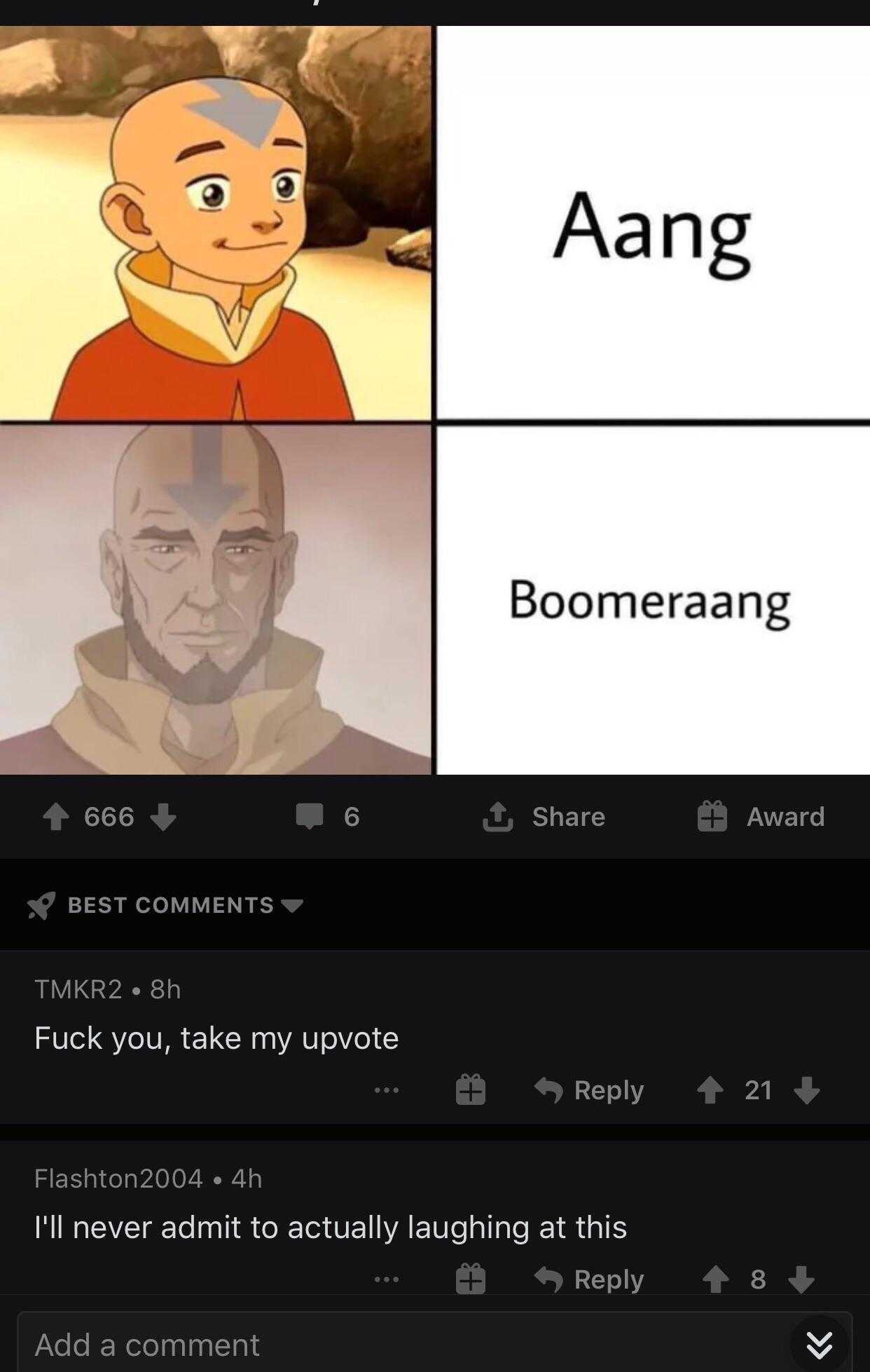 a screenshot of a cartoon avatar with a caption of aang