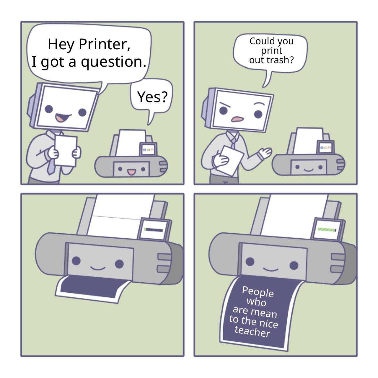 cartoon of a printer with a question and a person holding a printer