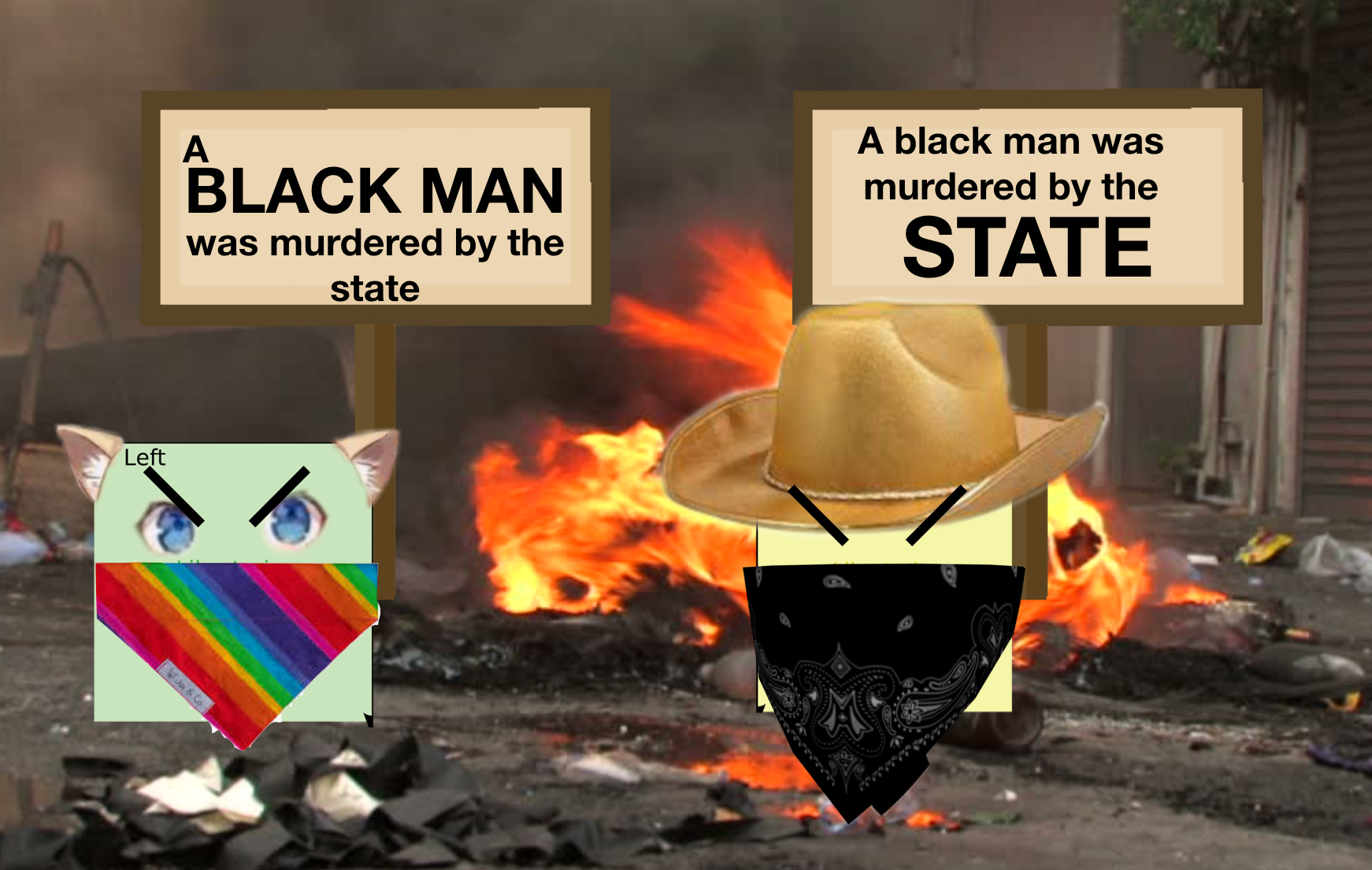 there is a black man with a hat and a flag on fire