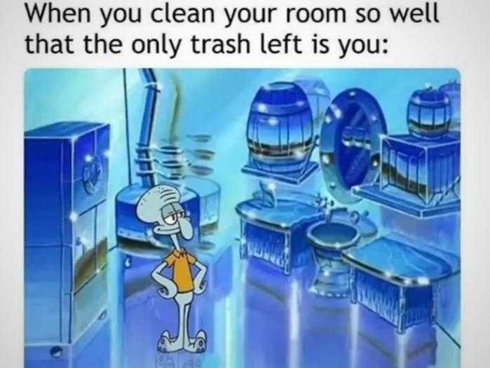 cartoon of a man standing in a kitchen with a trash can