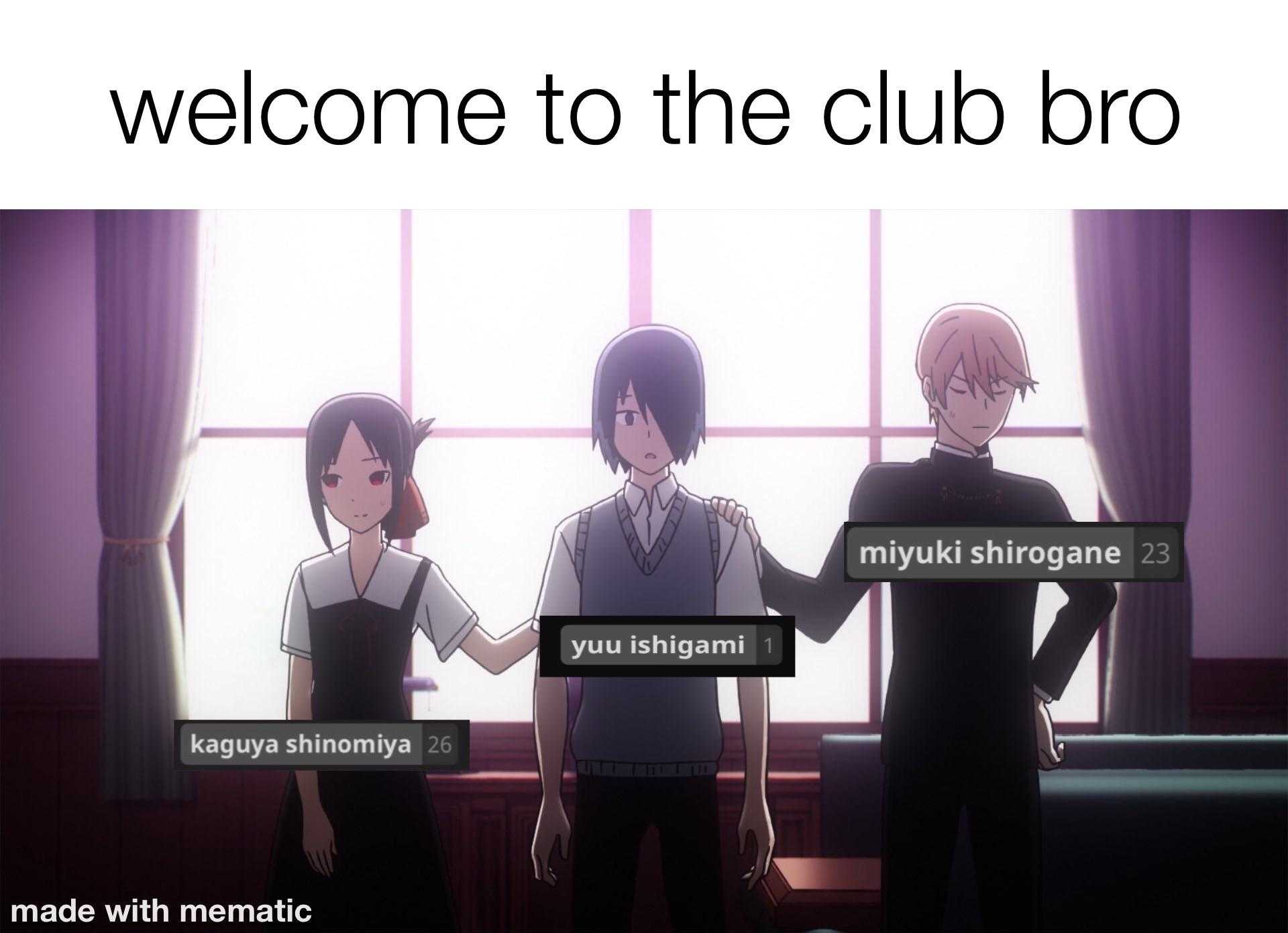 anime characters standing in front of a window with a sign that says welcome to the club bro