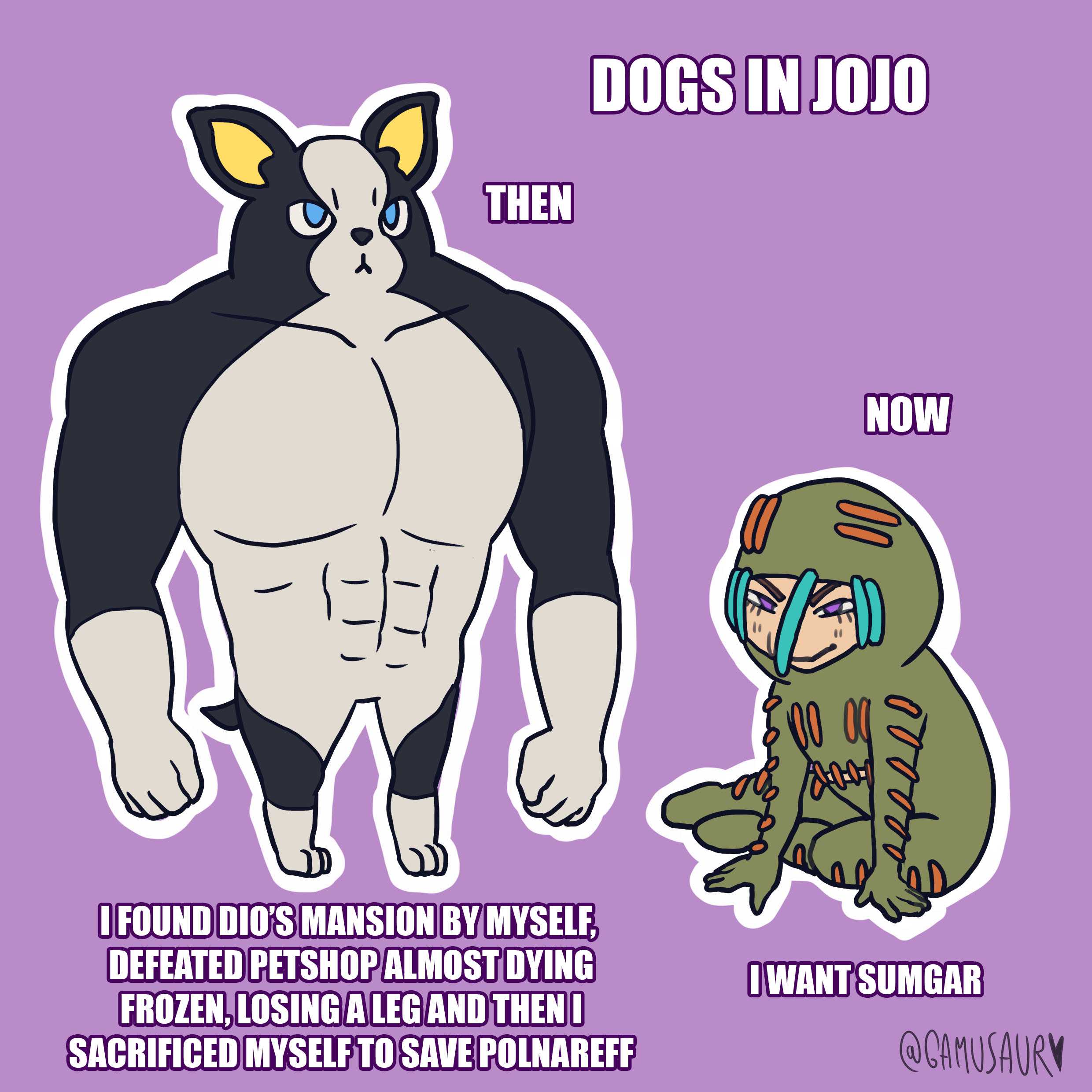 cartoon of a man and a dog with caption of dogs in jojo