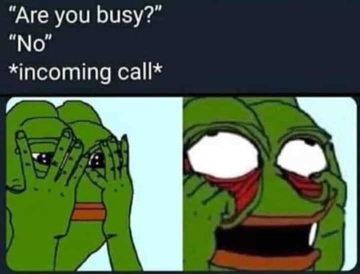 a cartoon frog with a caption saying, are you busy? no incoming call