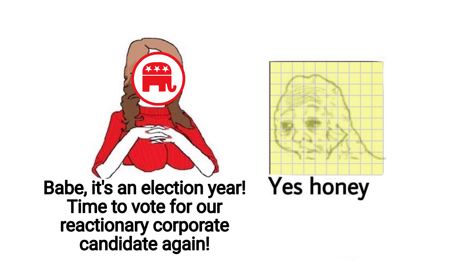 a cartoon of a woman holding a sign with a picture of a woman behind her