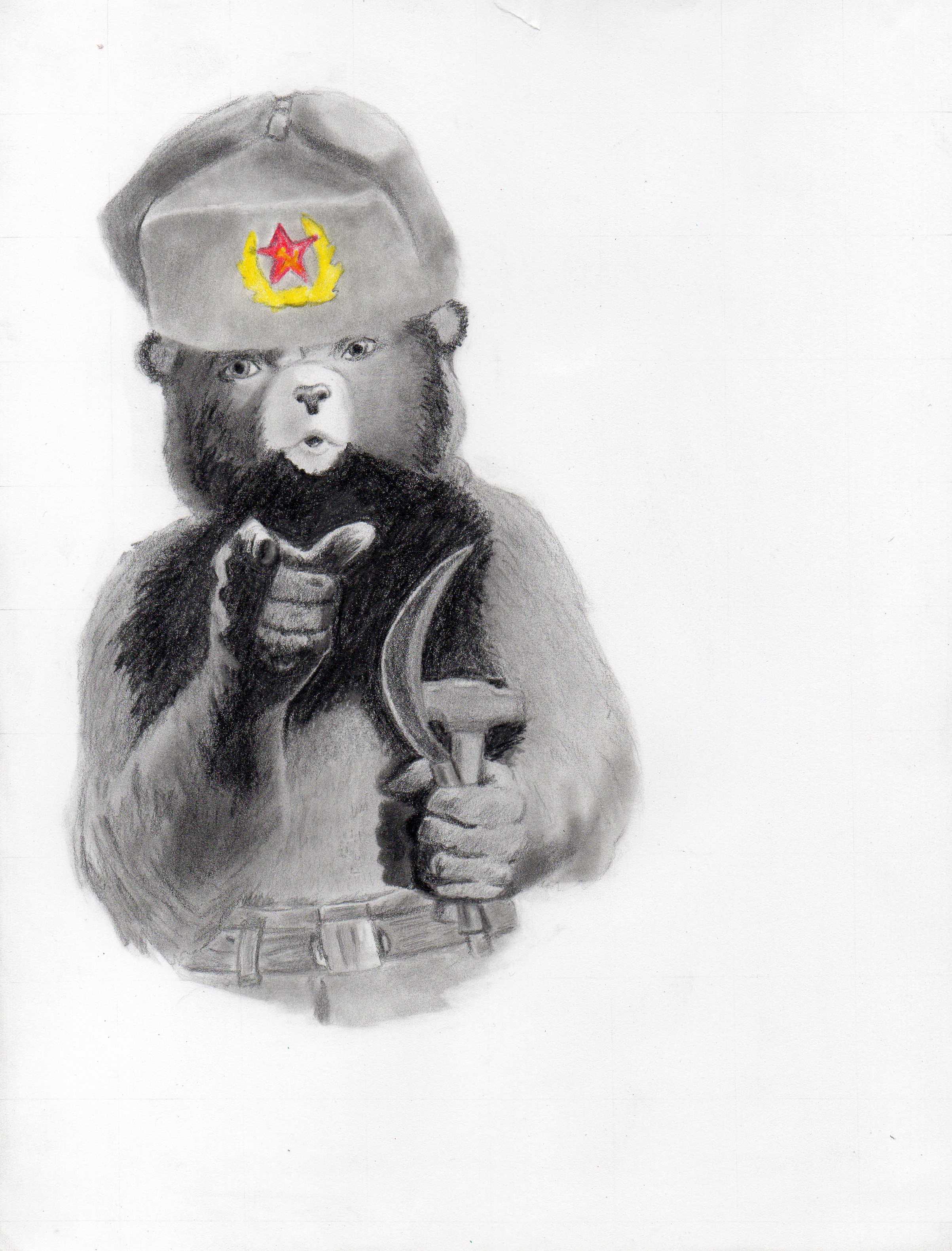 drawing of a bear with a hat and a pipe in its mouth