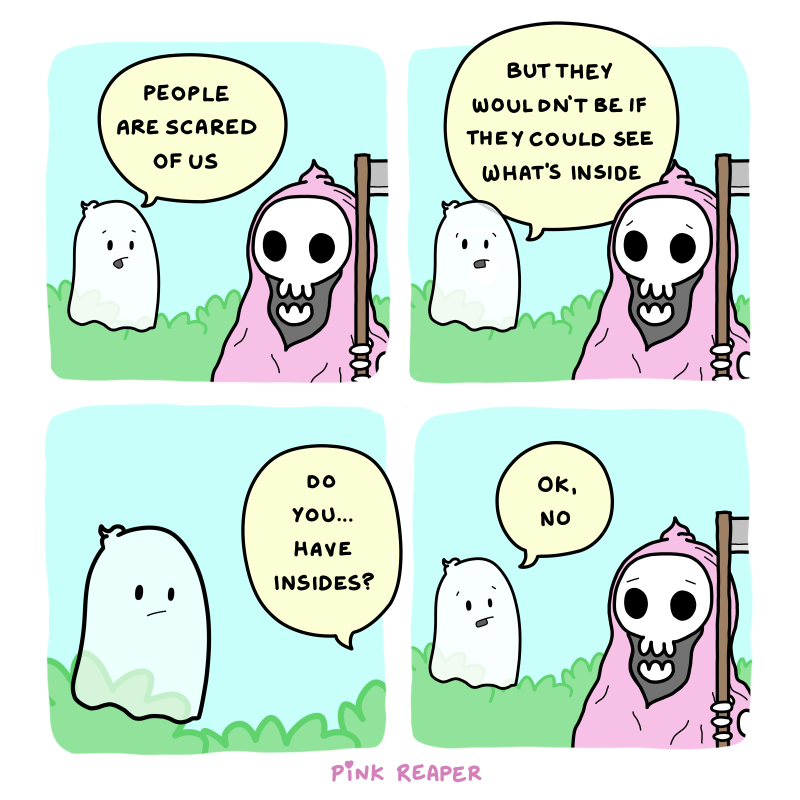 cartoon of a pink skeleton with a sign saying people are scared of what ' s inside