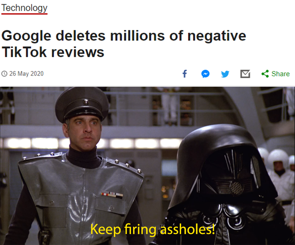 there is a man in a helmet and a helmet that says google deletes millions of negative tiktok reviews