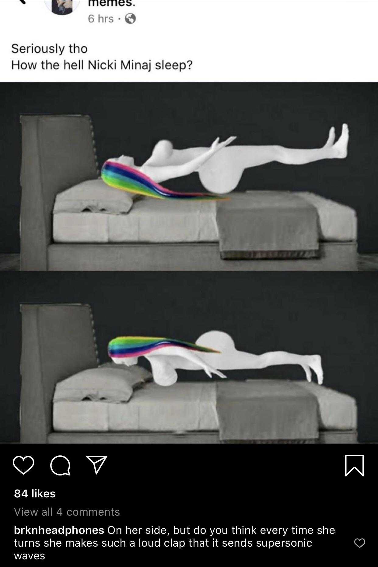 there is a picture of a person laying on a bed with a rainbow blanket