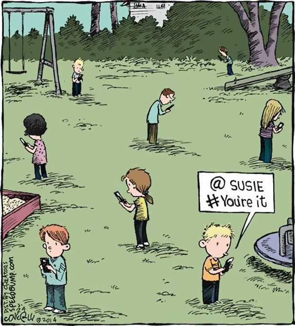 cartoon of a group of children playing in a park with a sign saying ' guess it ' s youre