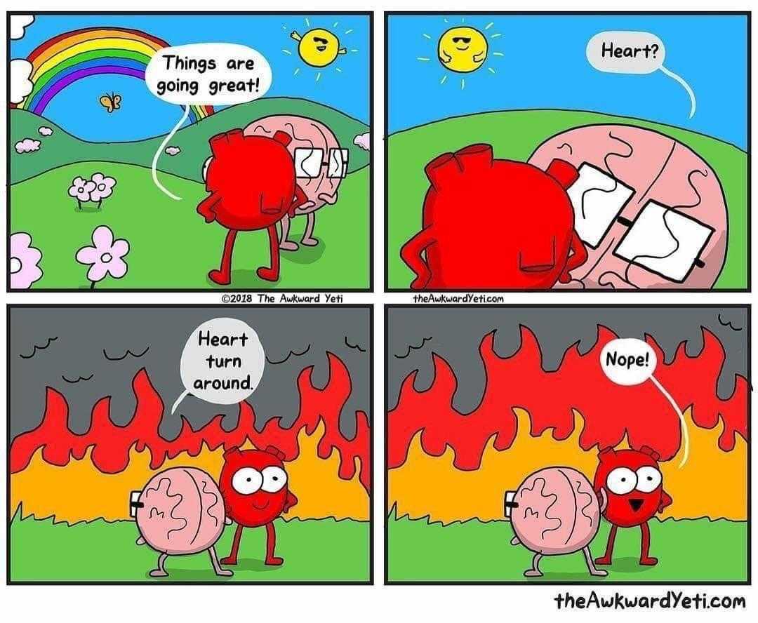 a cartoon of a heart and brain in a fire