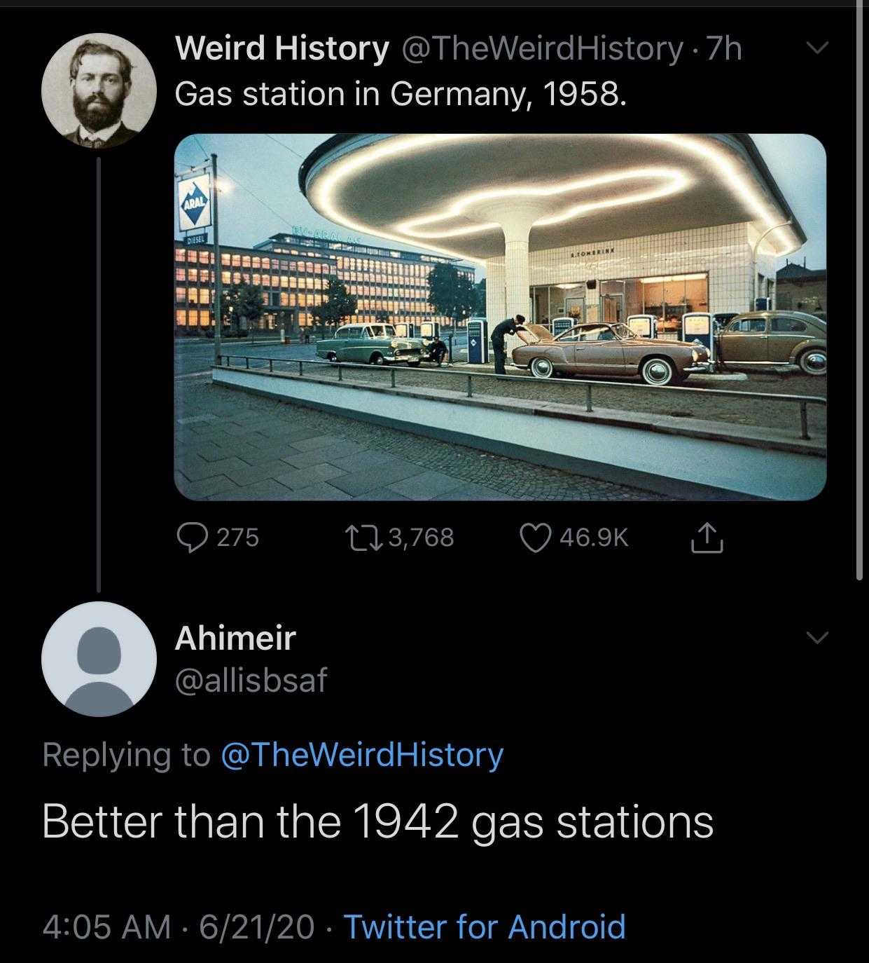 a close up of a tweebird with a picture of a gas station