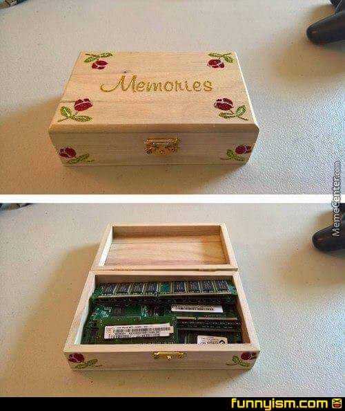 there are two pictures of a wooden box with a memory card inside