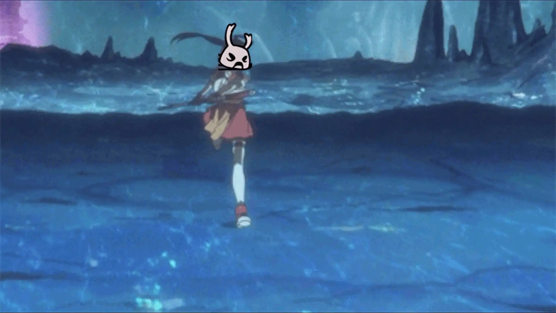 anime scene of a girl in a pink dress and a bunny mask