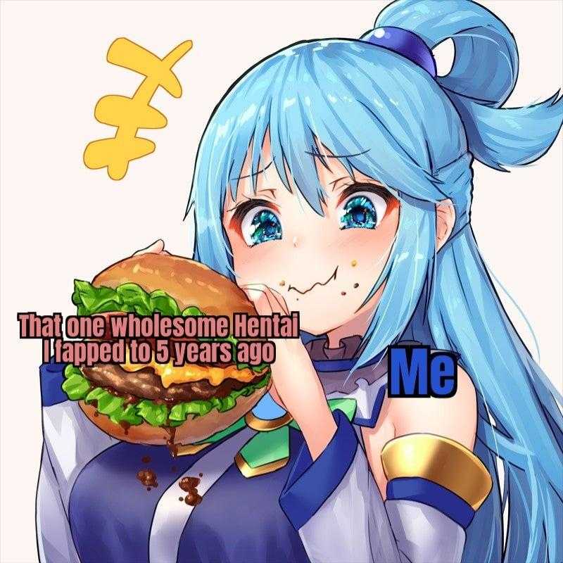 anime girl with blue hair holding a hamburger in her hand