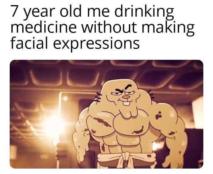 a cartoon image of a man with a large muscular body and a caption that reads, 7 year old