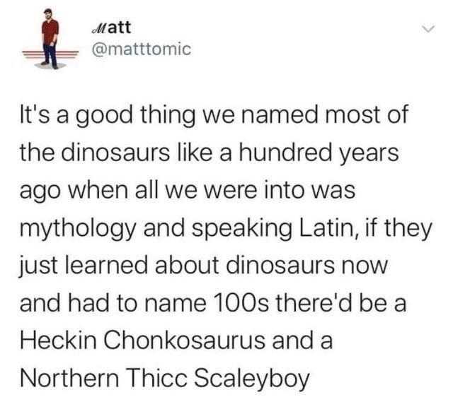 a tweet with a picture of a man standing in front of a dinosaur