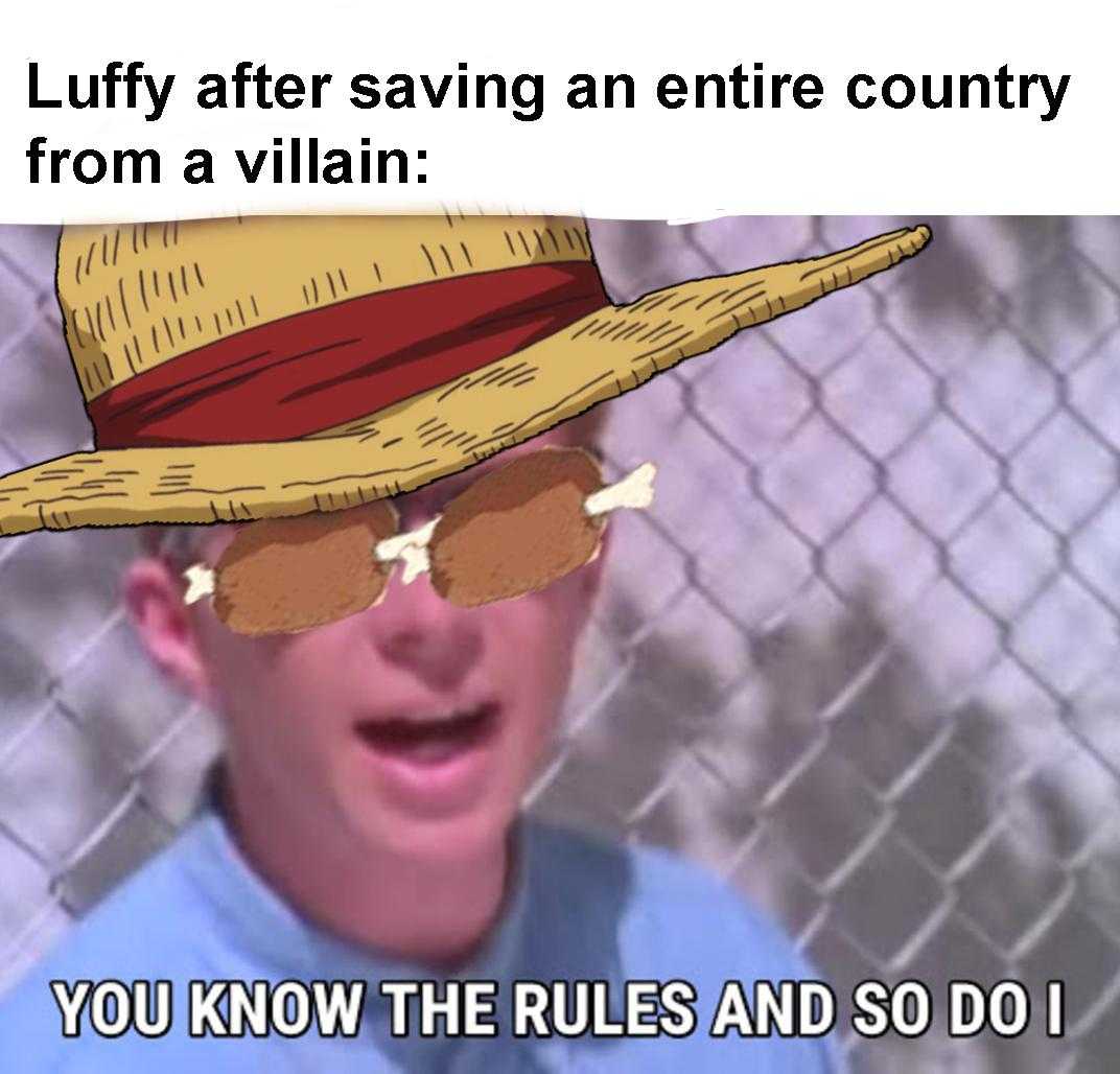 man wearing a straw hat and sunglasses with a caption saying, ' luffy after saving an entire country from villain you know the rules and so do i do i do