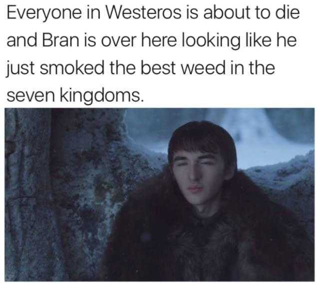 a close up of a person in a fur coat with a text that reads everyone in westeross is about to die and bran is over here looking like he just smoked the best weed in the seven kingdoms