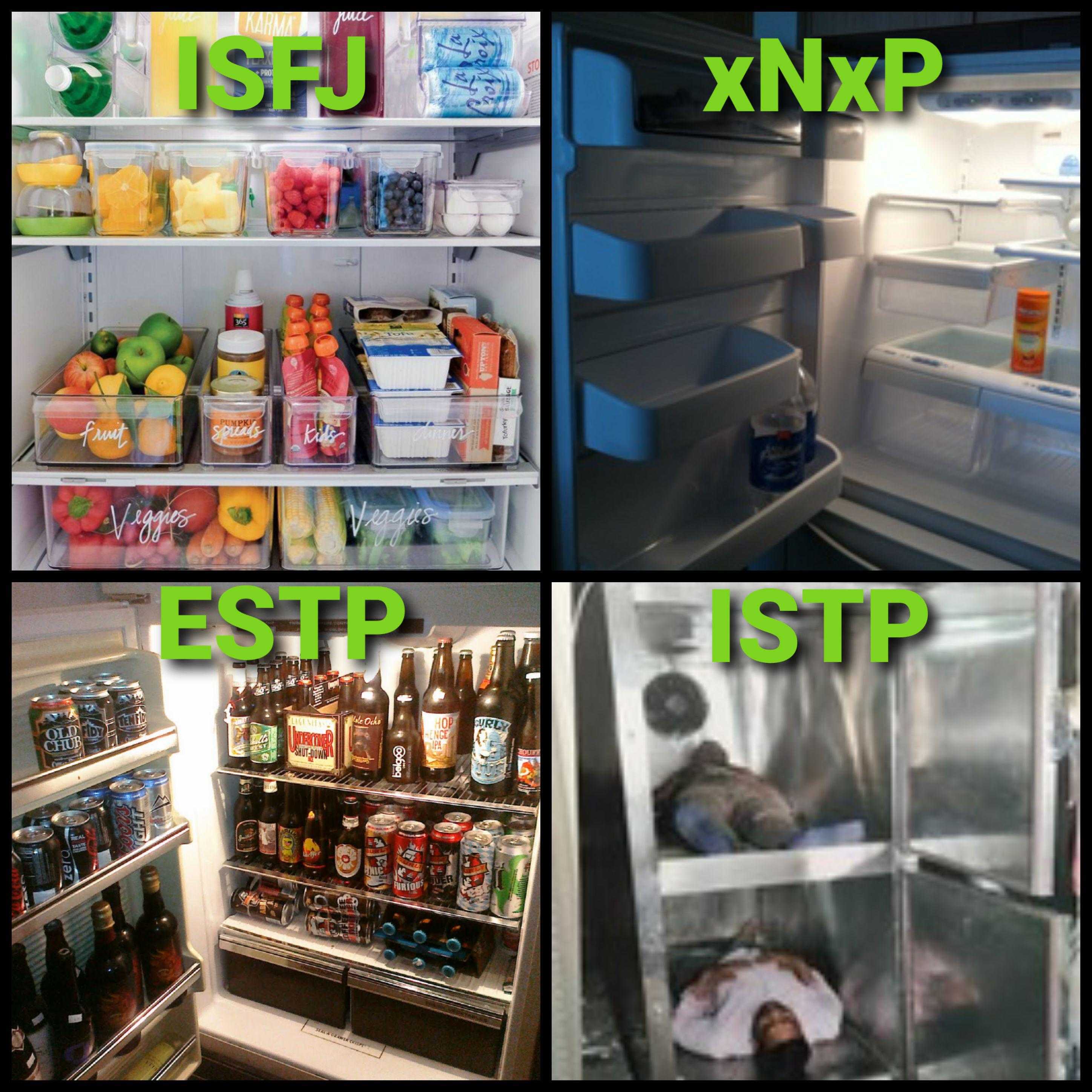 there are four pictures of a refrigerator with different foods in it