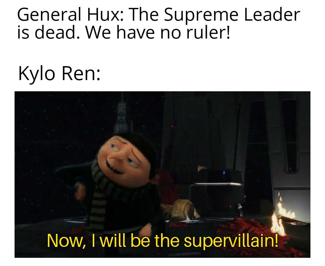 a cartoon character with a caption saying general hux the supreme leader is dead we have no rule ky