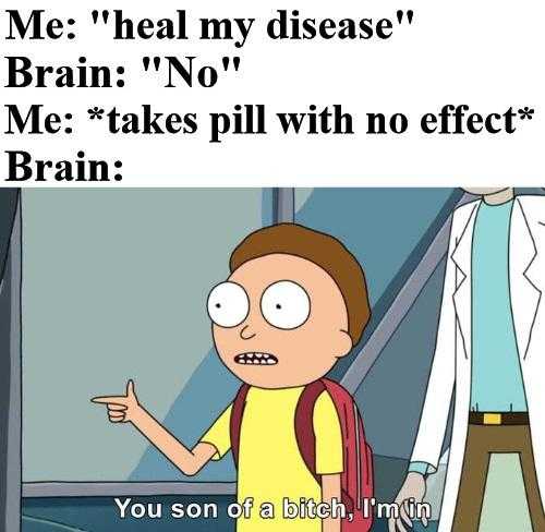 cartoon me heal my disease ban ' n no ' n ' ne takes pill with effect brain