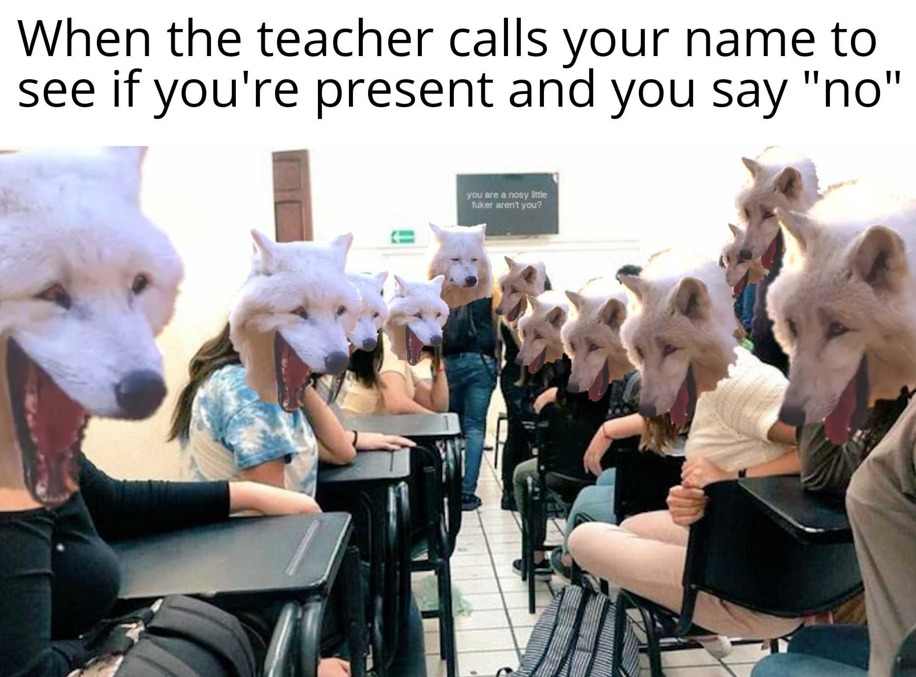 there are many people wearing animal masks in a classroom