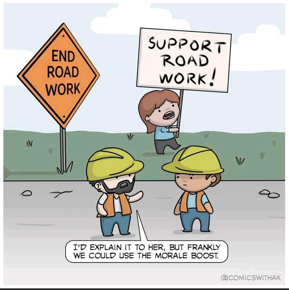 cartoon of a couple of people standing next to a road sign