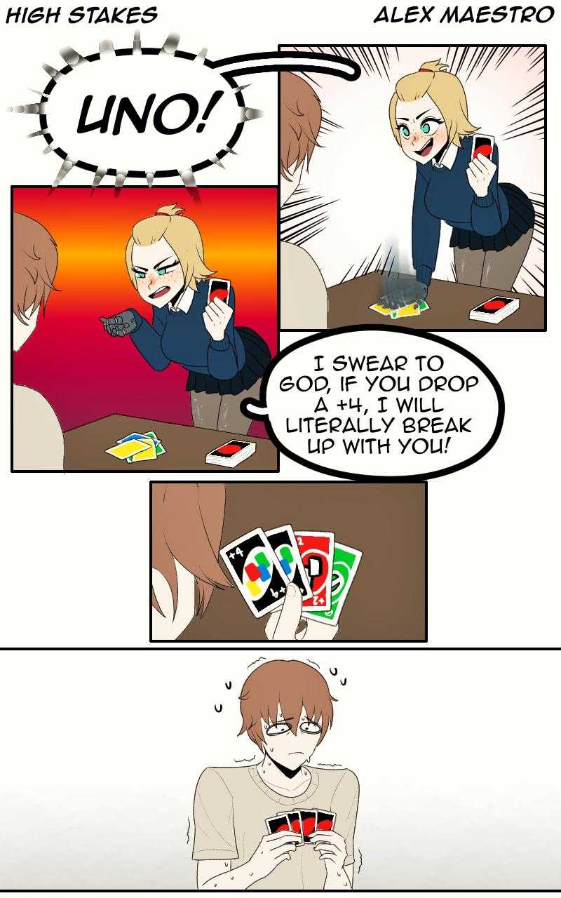 a cartoon comic strip with a woman playing cards and a man sitting at a table