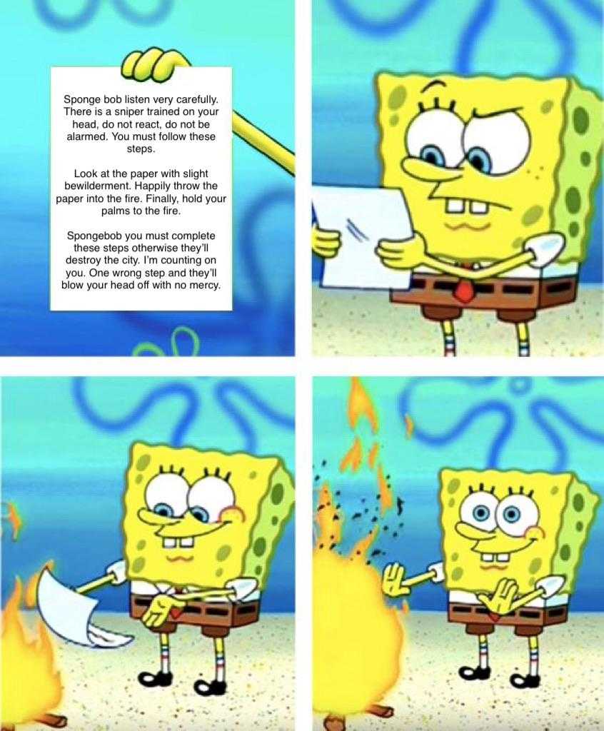 spongebob is holding a knife and a paper with a caption