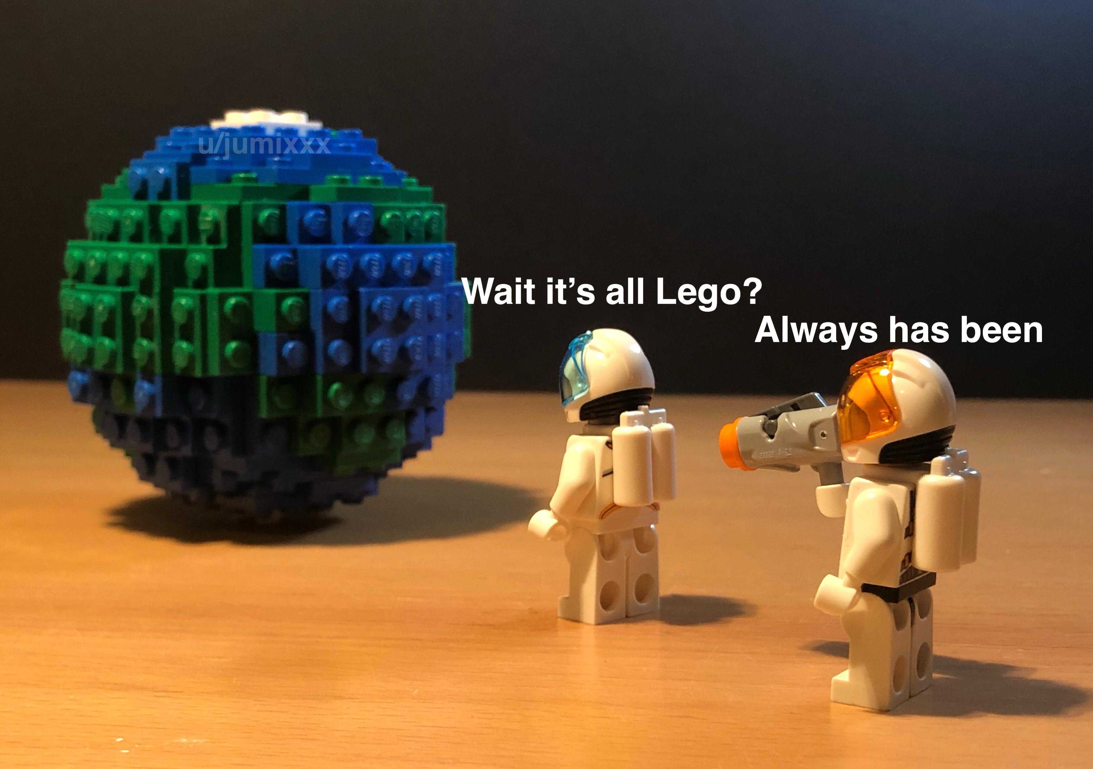 lego figures are standing next to a lego ball on a table