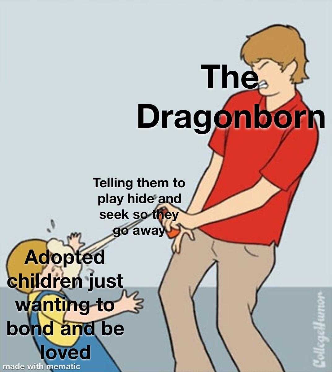 cartoon of a man holding a child in his arms and a caption that reads, the dragonborn