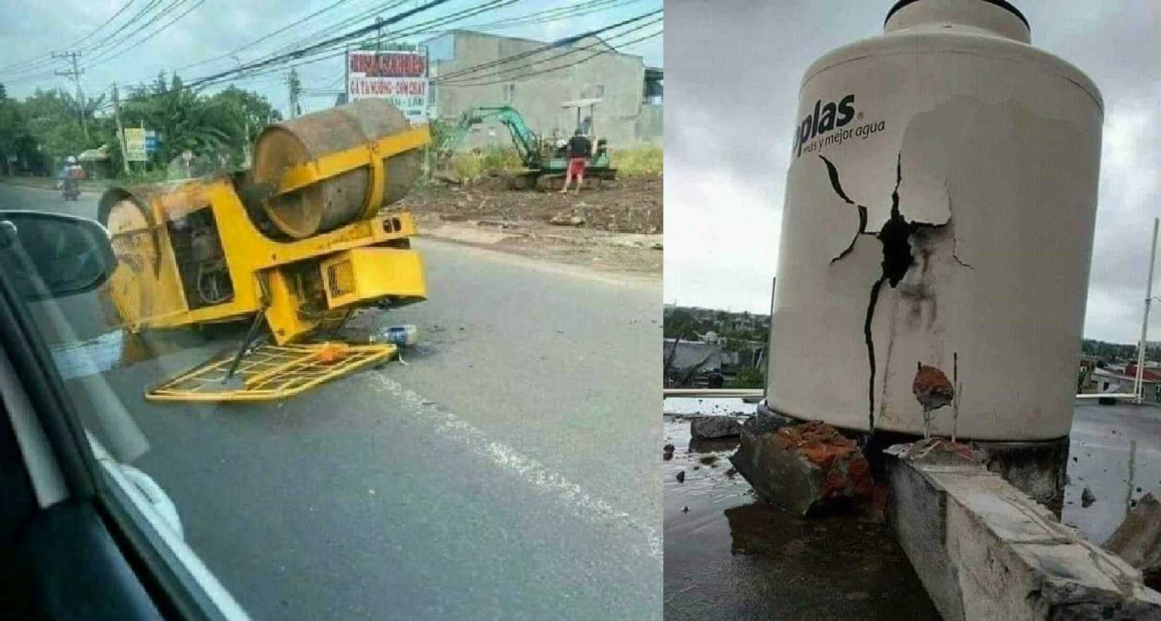 there are two pictures of a truck that has been knocked over