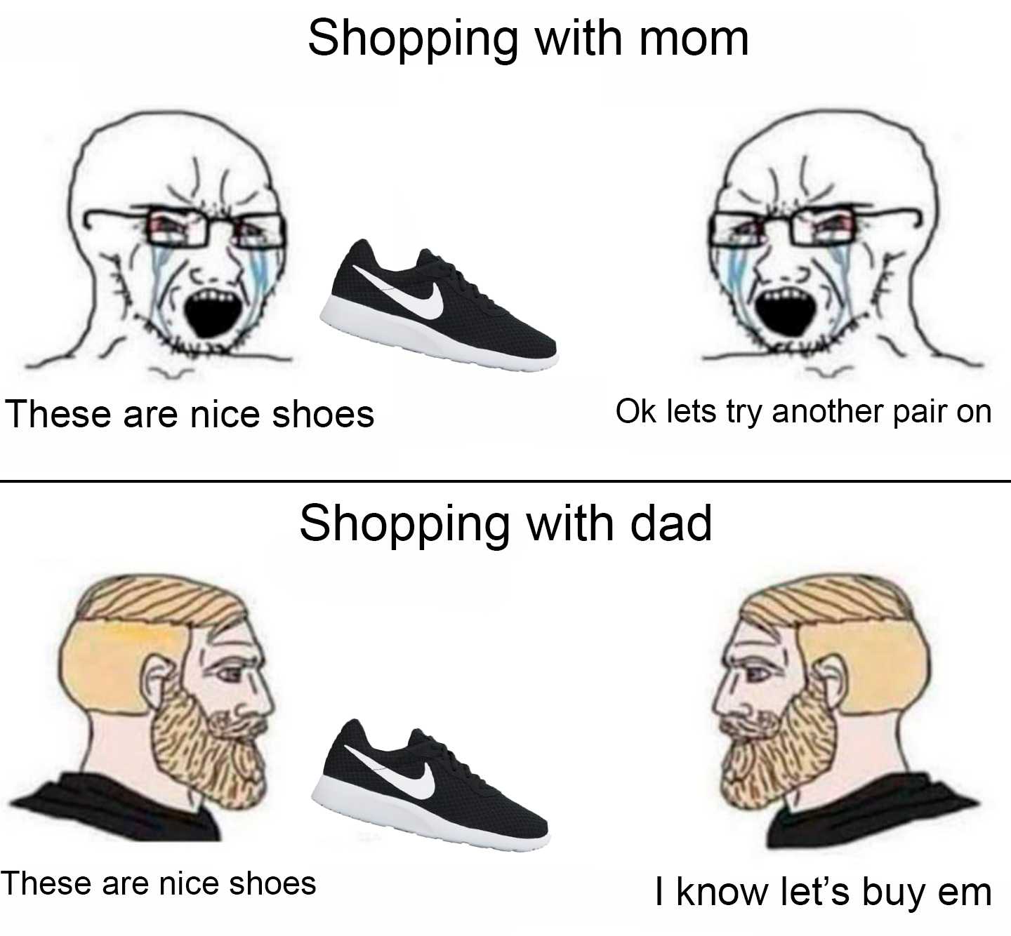 a cartoon drawing of a man with a beard and a pair of shoes