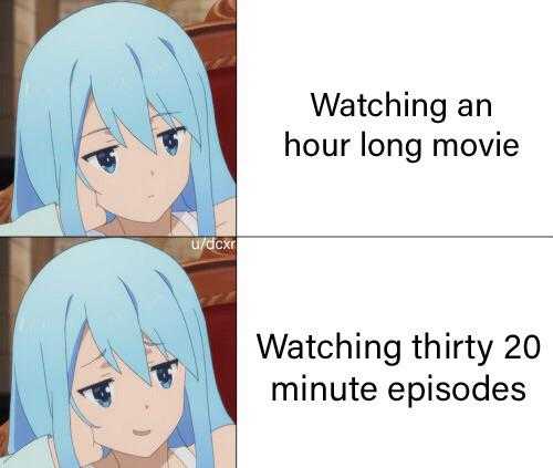 a cartoon picture of a girl with blue hair and blue eyes watching an hour long movie watching thirty 20 minute episodes