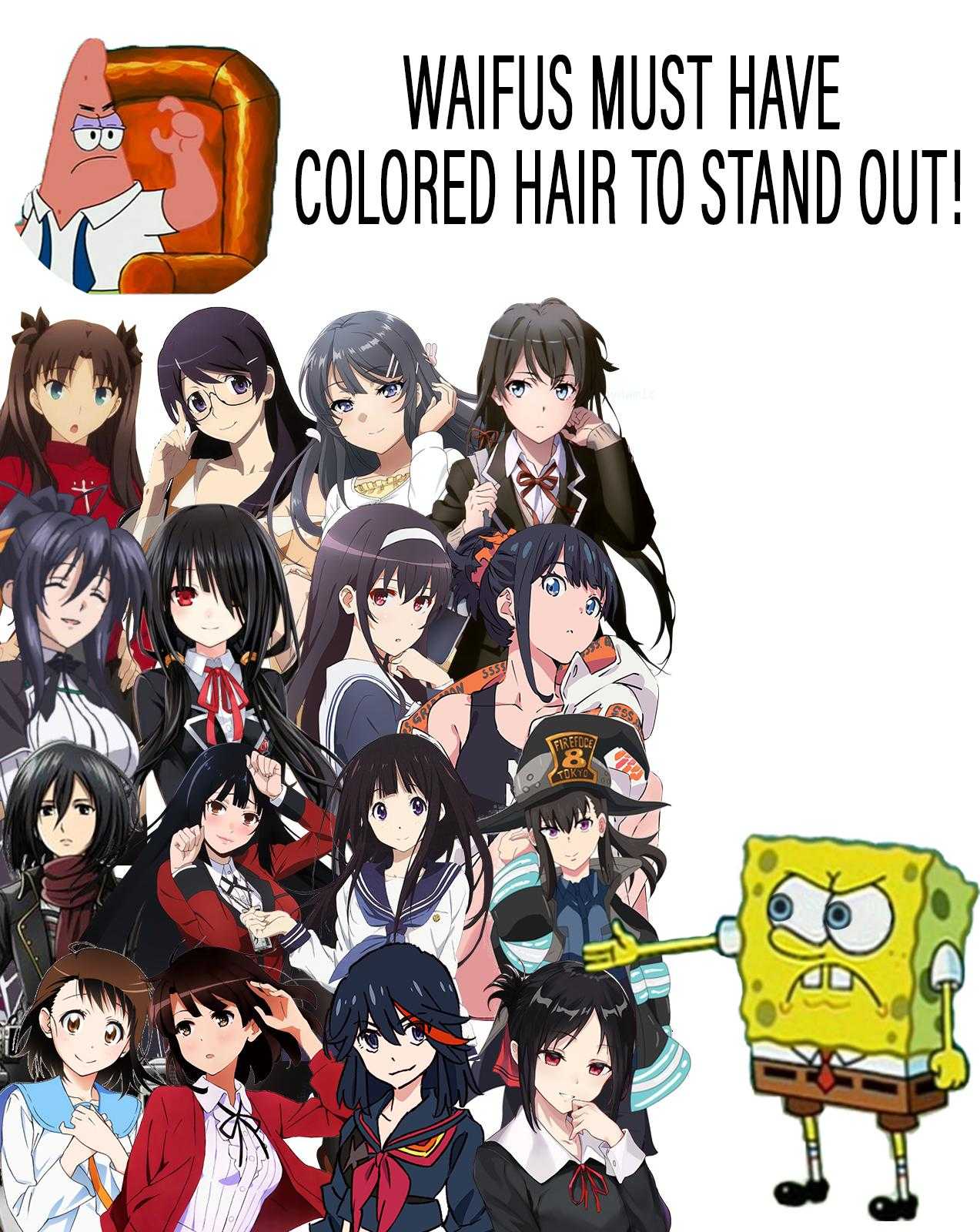 anime characters with a caption that reads, wait us must have colored hair to stand out