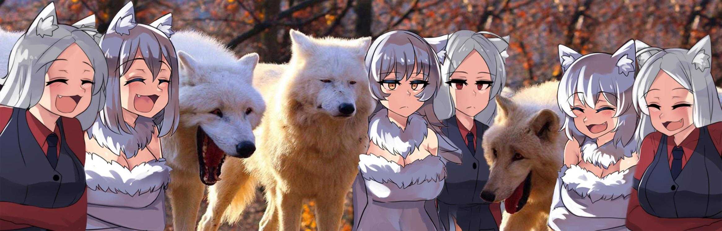 anime characters with white hair and gray hair standing in front of a group of white dogs