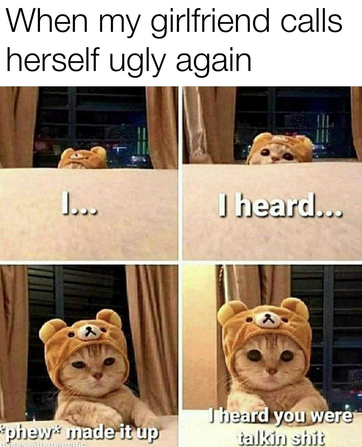 araff cat in a bear costume with a caption saying when my girlfriend calls herself ugly again