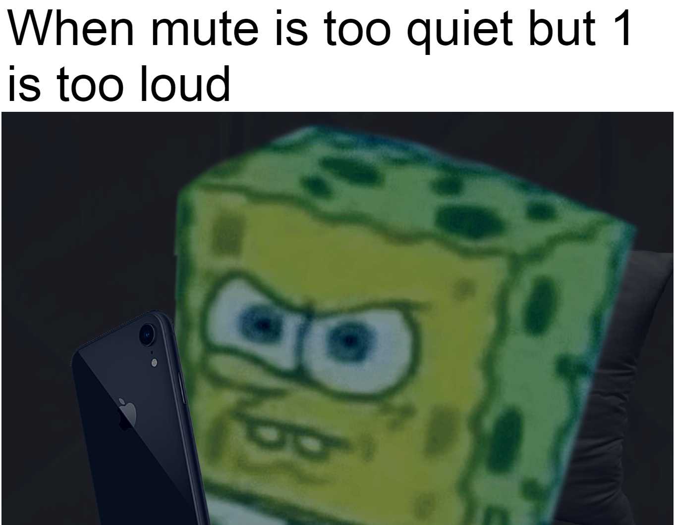 phone with a spongebob face on it and caption that reads when mute is to quiet but is too loud