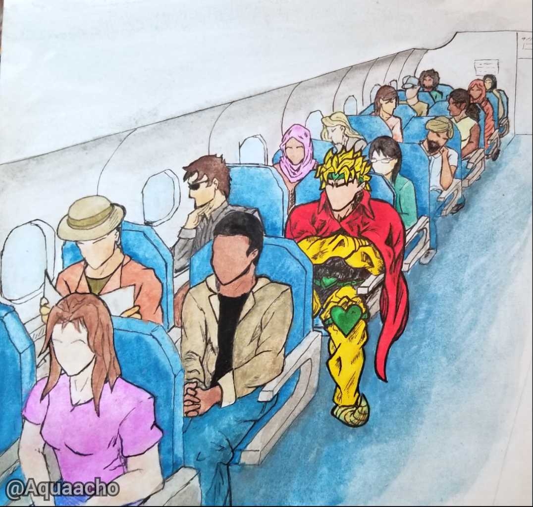 a drawing of a group of people sitting on a plane