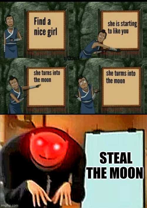 a cartoon picture of a woman with a red eye and a sign that says, steal the moon