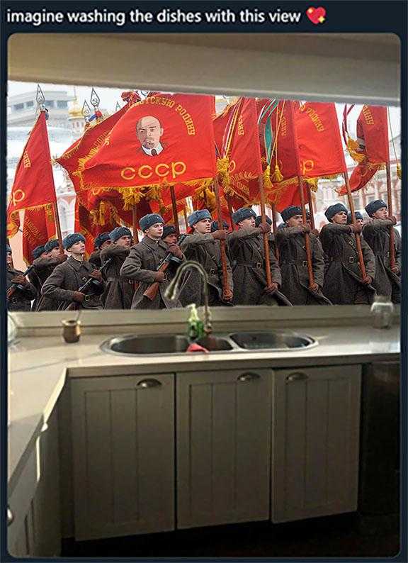 image of a group of people in a kitchen with flags