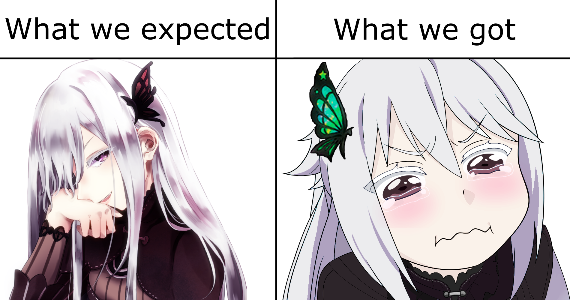 anime girl with butterfly on her head and another with a butterfly on her head