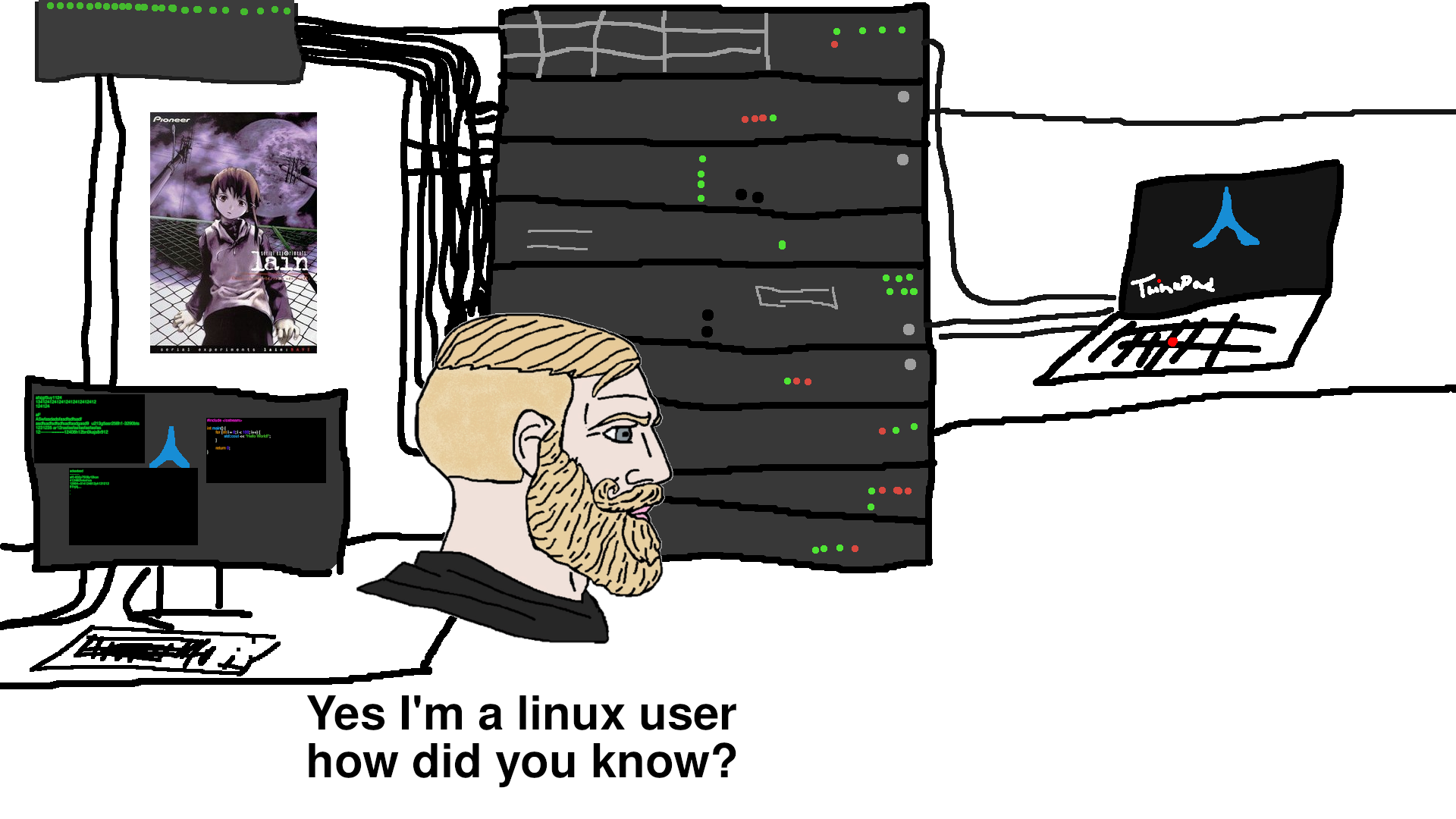 cartoon of a man with a beard sitting in front of a computer